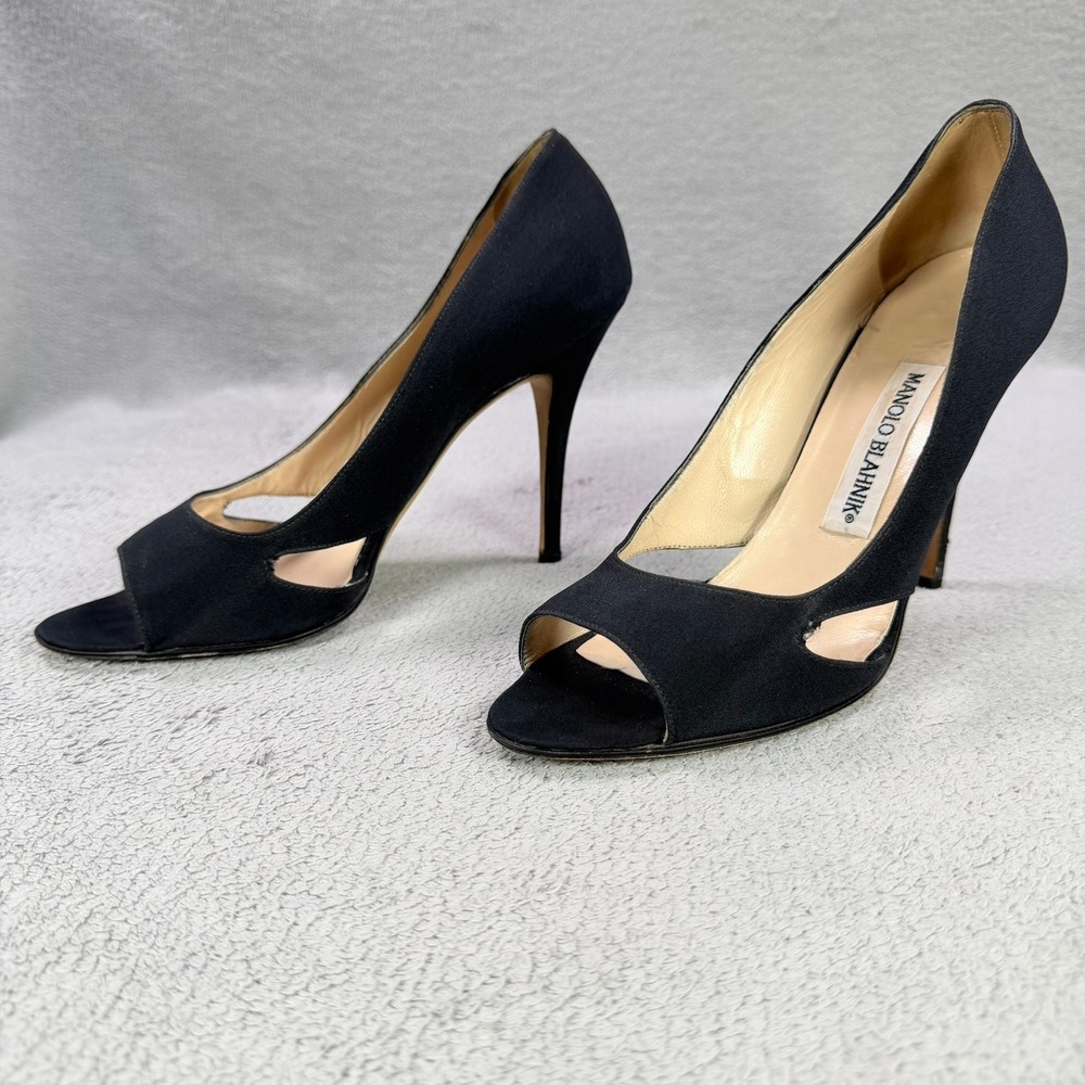 Manolo Blahnik Womens 38.5 Black Satin Peep Toe Cutout Stiletto Heel Pumps Italy